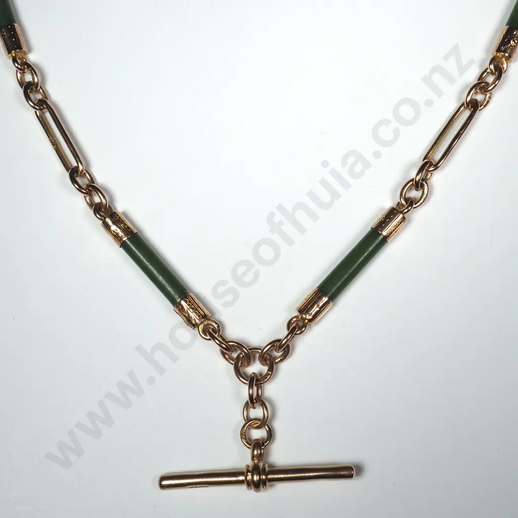 Antique 9ct Gold Rail Link Fob Chain w Six Rounded Greenstone rails Image 1++