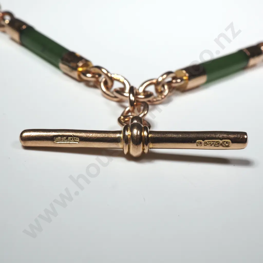Antique 9ct Gold Rail Link Fob Chain w Six Rounded Greenstone rails Image 1++