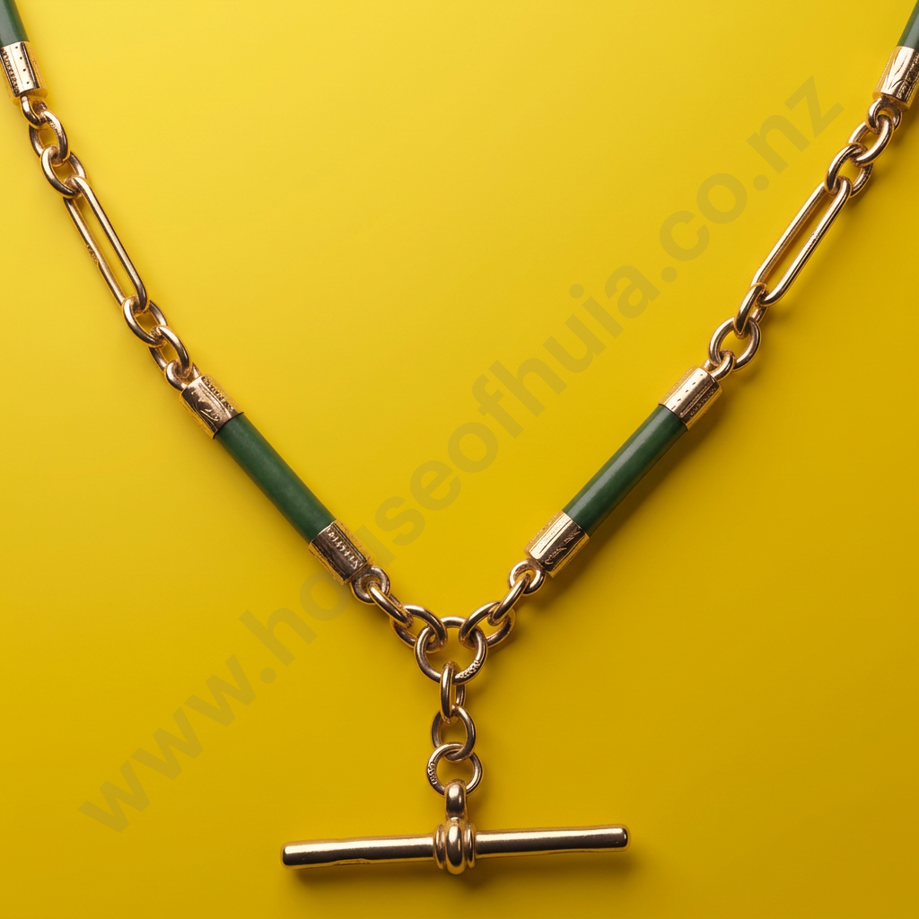 Antique 9ct Gold Rail Link Fob Chain w Six Rounded Greenstone rails Image 1++