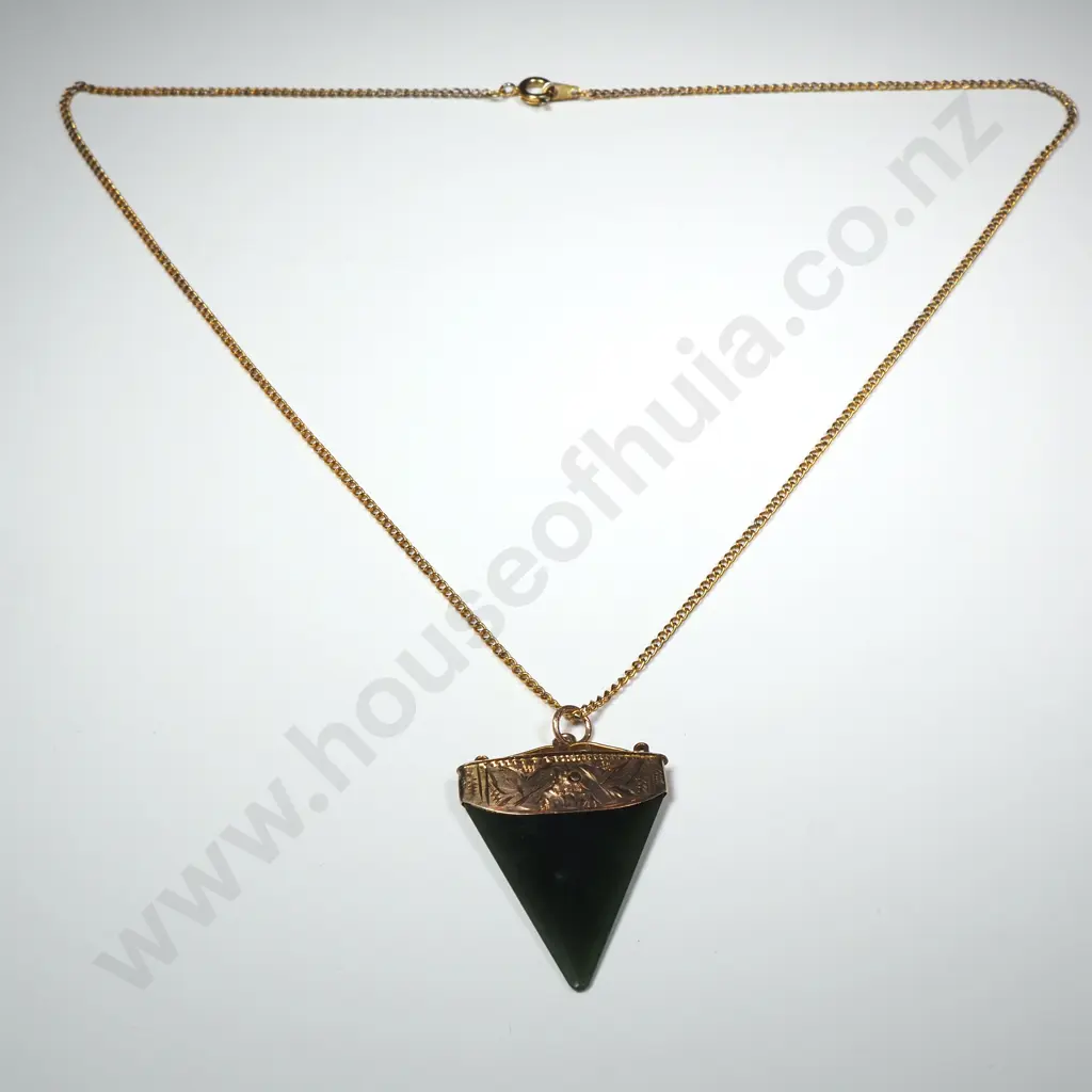 Colonial New Zealand 9ct Gold Capped Greestone Pendant in the form of a Sharks Tooth Image 1++
