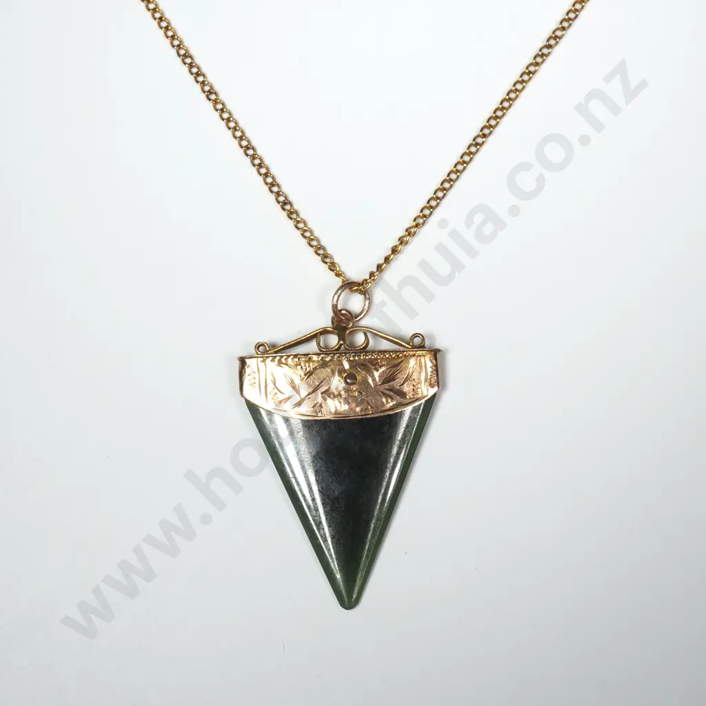 Colonial New Zealand 9ct Gold Capped Greestone Pendant in the form of a Sharks Tooth Image 1++