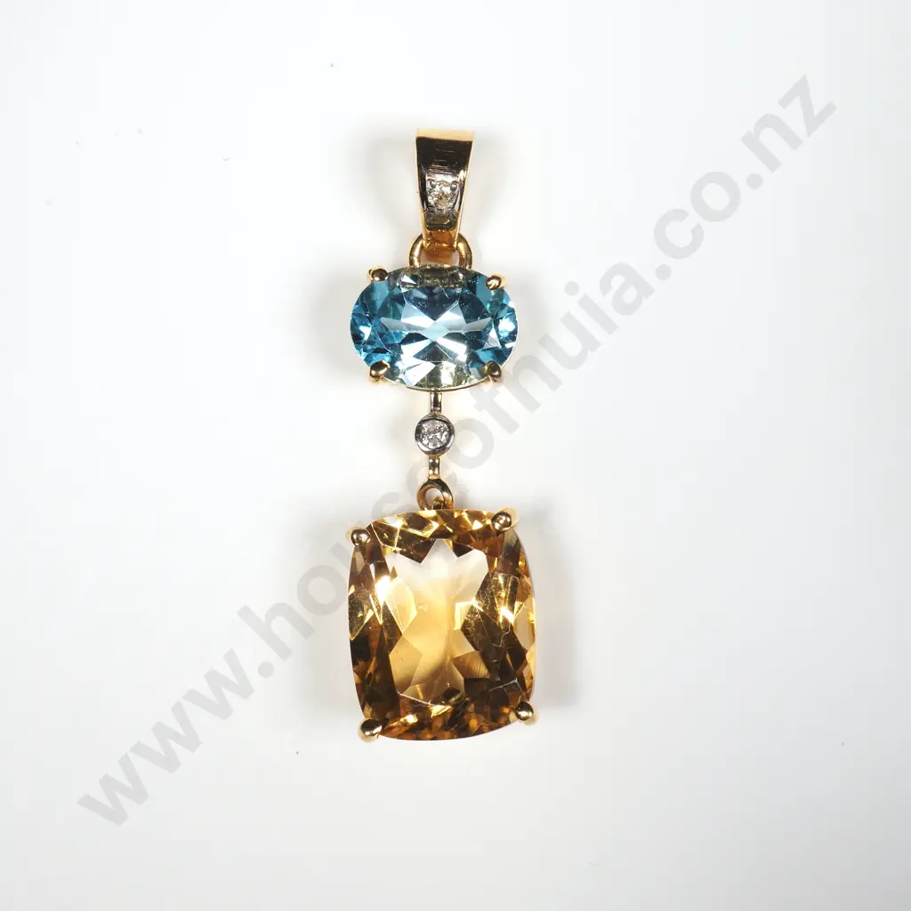 14ct Gold Diamond, Citrine & Blue Topaz Pendant Image 1++