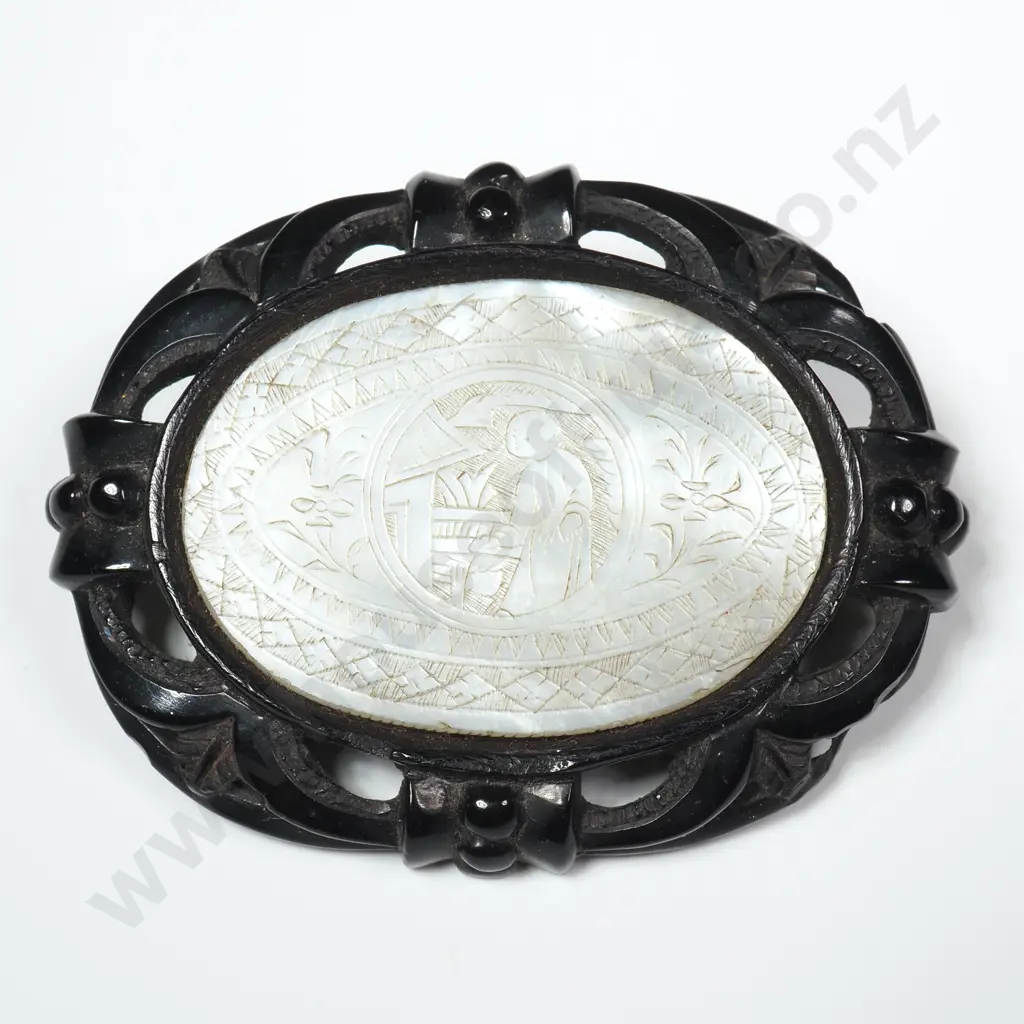 Carved Bog Oak & Mother of Pearl Brooch Image 1++