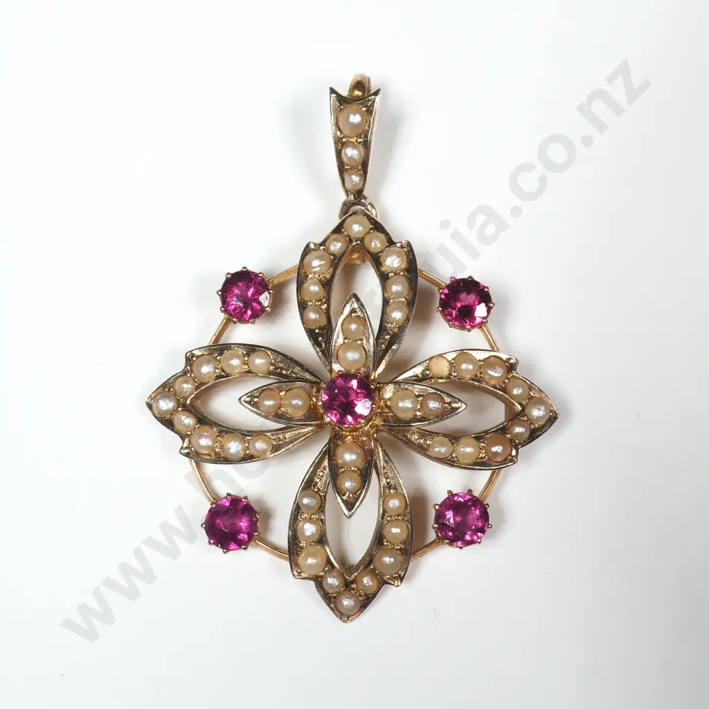 Edwardian 9ct Gold Seedpearl & Purple Stone Pendant Image 1++