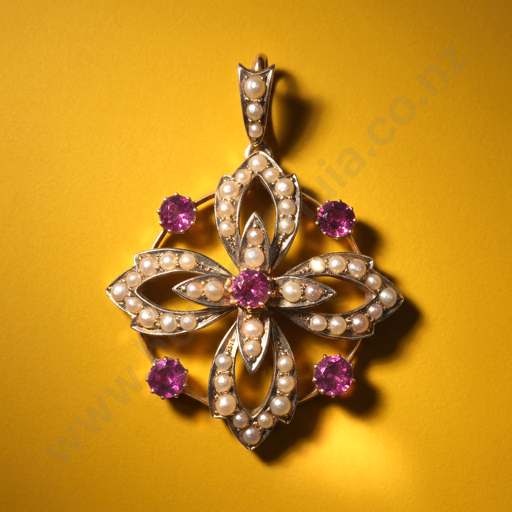 Edwardian 9ct Gold Seedpearl & Purple Stone Pendant Image 1++