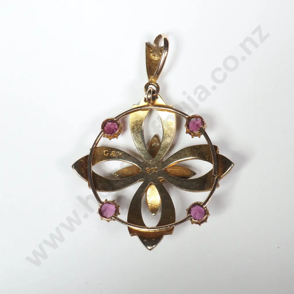 Edwardian 9ct Gold Seedpearl & Purple Stone Pendant Image 1++