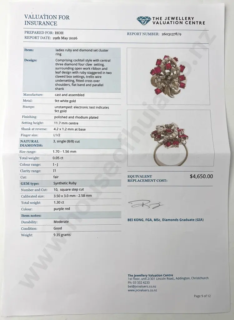 Vintage 9ct White Gold Ruby & Diamond Cluster Ring w Valuation for $4,650.00 - Matches Following Lot Image 1++