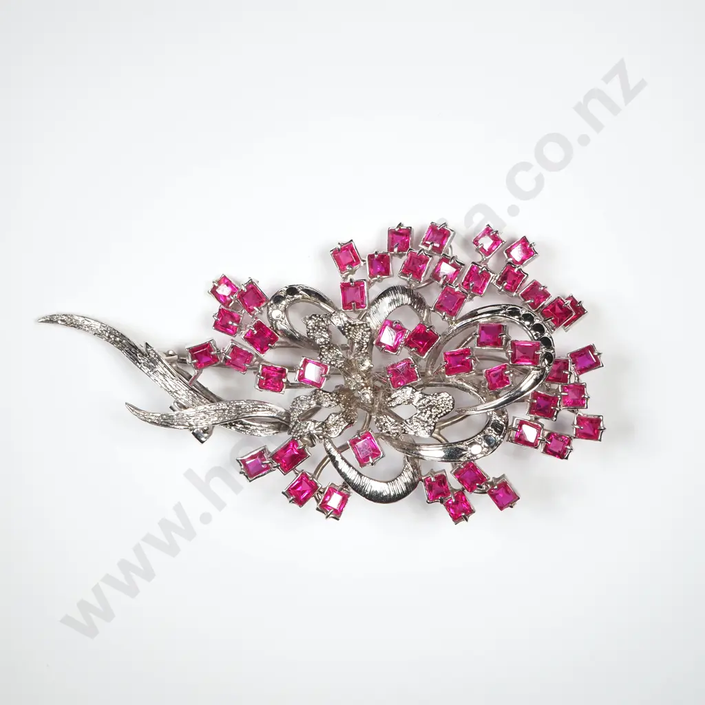Impressive Vintage 9ct White Gold Ruby & Diamond Brooch w Valuation for $8,500.00 - Matches Surrounding Lot Image 1++