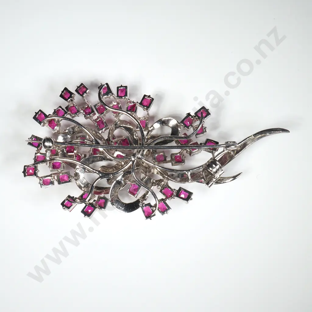 Impressive Vintage 9ct White Gold Ruby & Diamond Brooch w Valuation for $8,500.00 - Matches Surrounding Lot Image 1++
