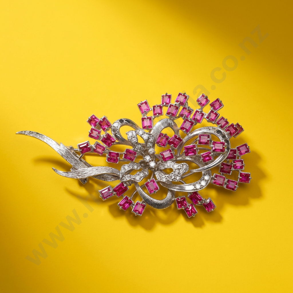 Impressive Vintage 9ct White Gold Ruby & Diamond Brooch w Valuation for $8,500.00 - Matches Surrounding Lot Image 1++