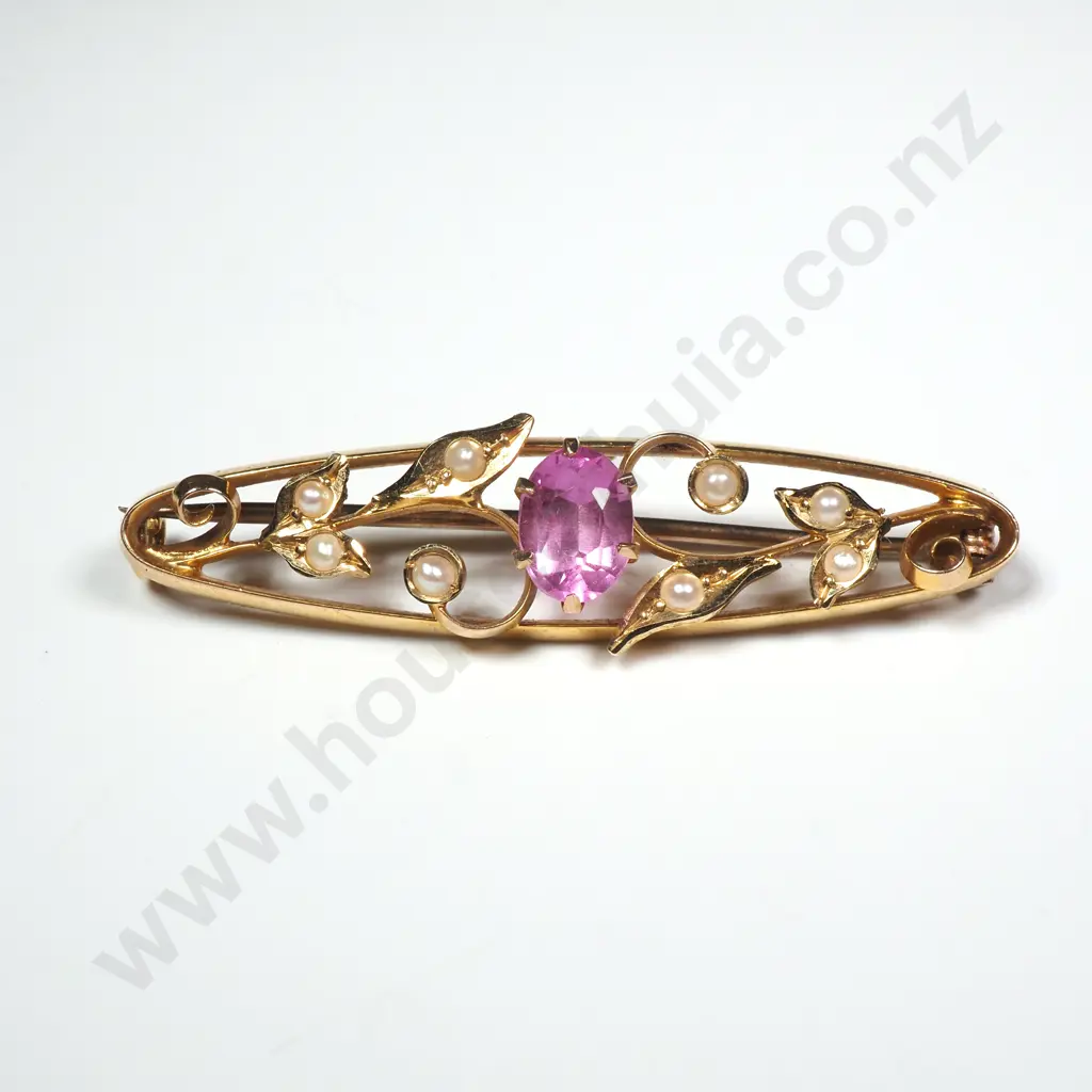 Antique 15ct Gold Pink Tourmaline & Seed Pearl Brooch in Period Box Image 1++