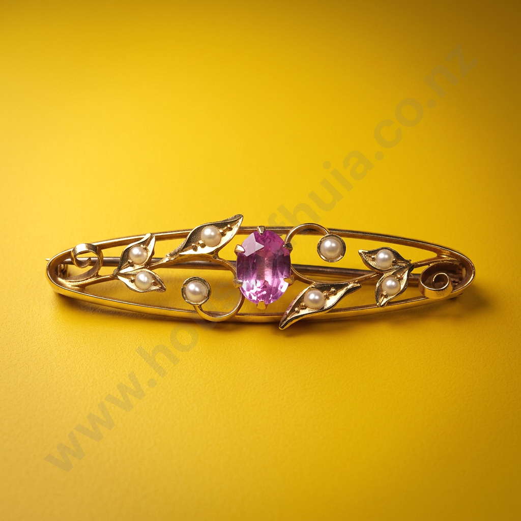 Antique 15ct Gold Pink Tourmaline & Seed Pearl Brooch in Period Box Image 1++