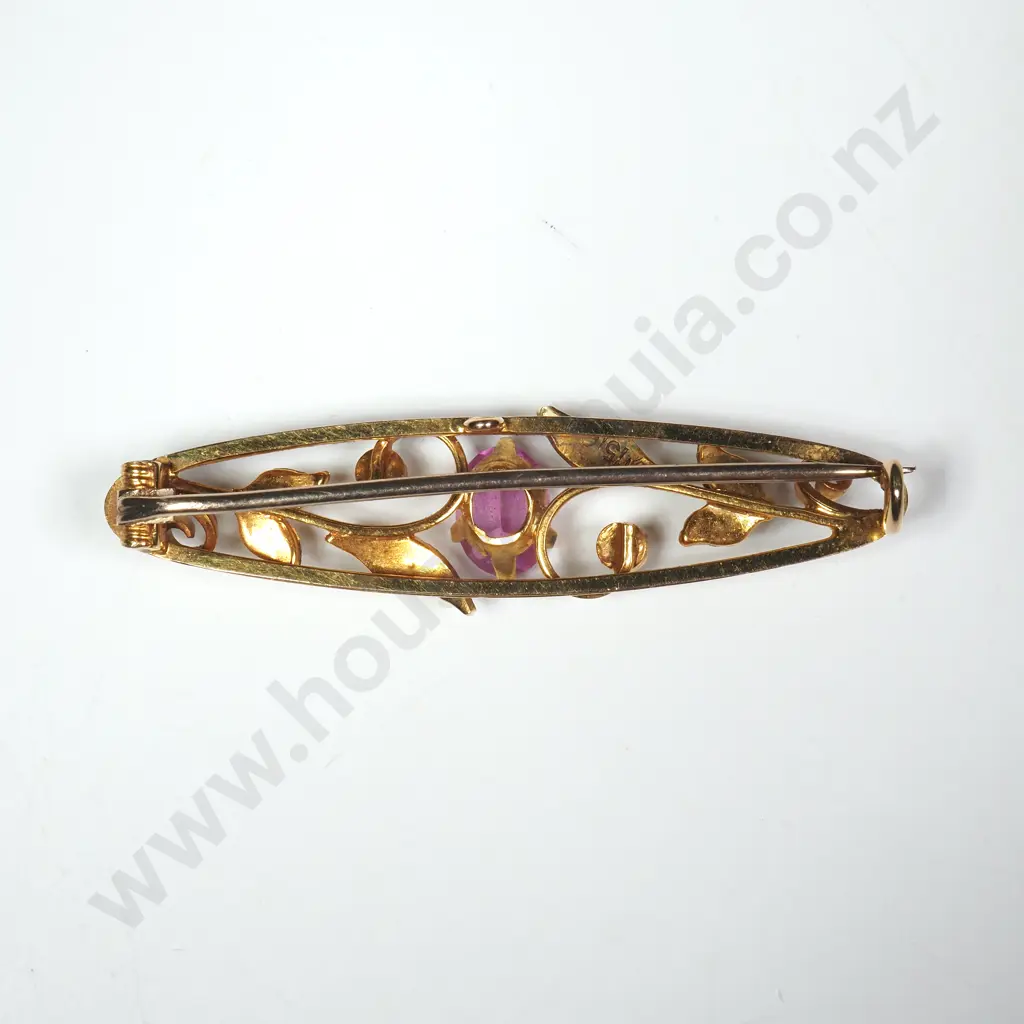 Antique 15ct Gold Pink Tourmaline & Seed Pearl Brooch in Period Box Image 1++