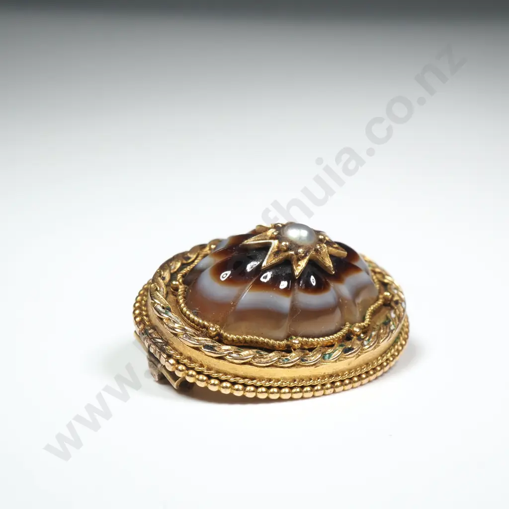 Antique 15ct Gold & Agate Bulls Eye Brooch Image 1++