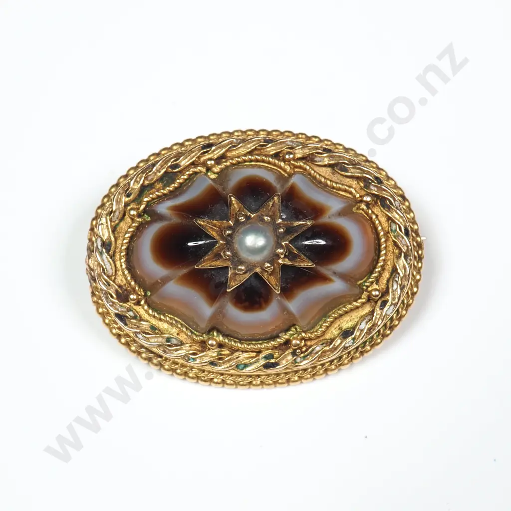 Antique 15ct Gold & Agate Bulls Eye Brooch Image 1++