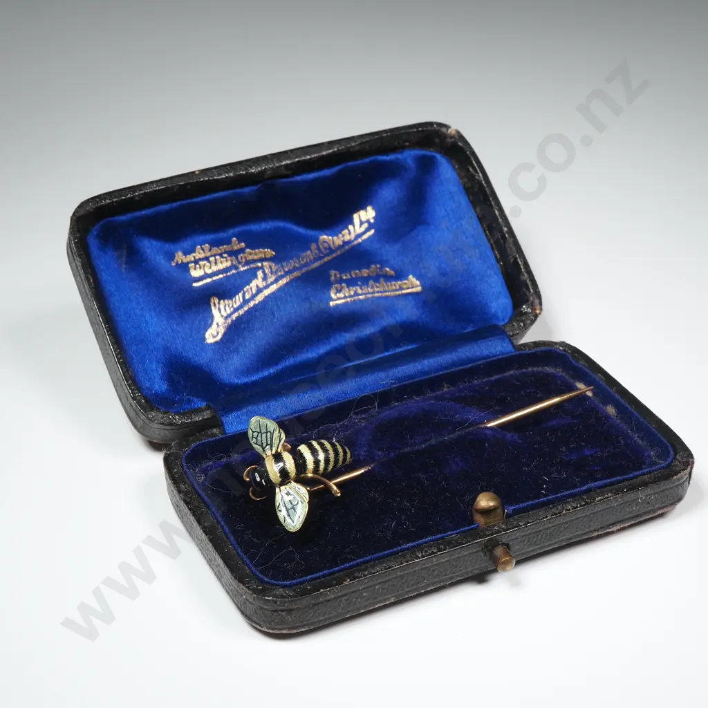 Antique Gold & Enamel Bee Stick Pin in Period Antique Box Image 1++