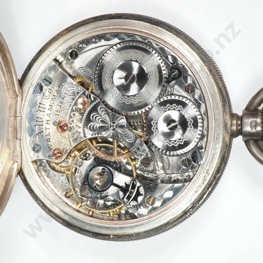 Sterling Silver Waltham Pocket Watch w English Hallmarks in Exceptional Antique Glass Fronted Pocket Watch Case Image 1++