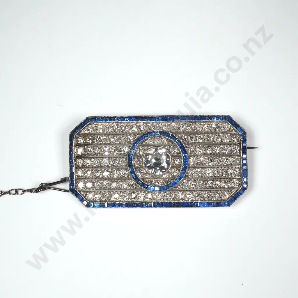 Exceptional Art Deco Platinum, Diamond & Sapphire Brooch Image 1++