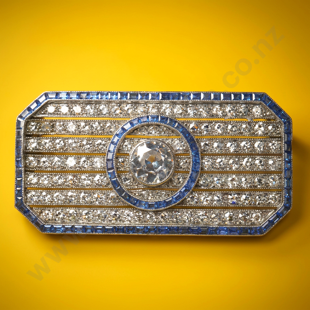 Exceptional Art Deco Platinum, Diamond & Sapphire Brooch Image 1++