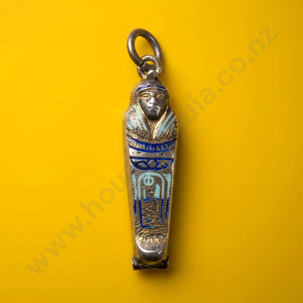 Antique .800 Silver And Enamel Egyptian Sarcophagus Pendant With Mummy Inside Image 1++