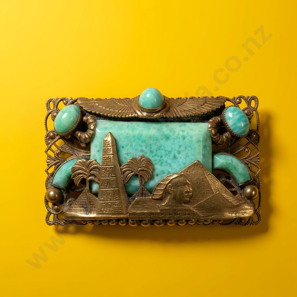 Exceptional Max Niegar Egyptian Revival Brooch in Brass & Turquoise Glass Image 1++