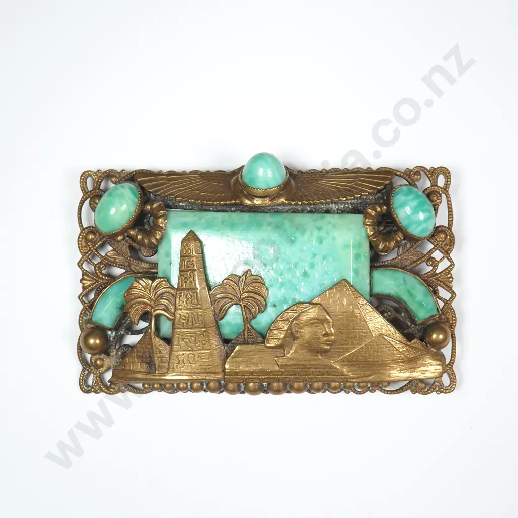 Exceptional Max Niegar Egyptian Revival Brooch in Brass & Turquoise Glass Image 1++