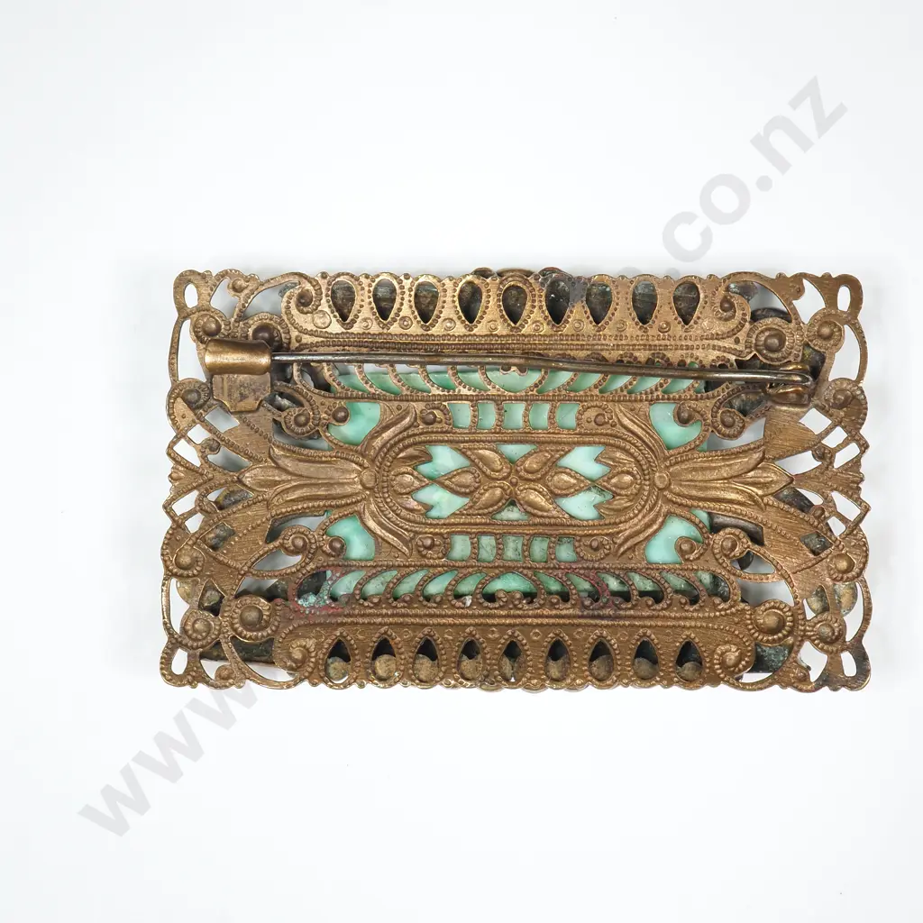 Exceptional Max Niegar Egyptian Revival Brooch in Brass & Turquoise Glass Image 1++