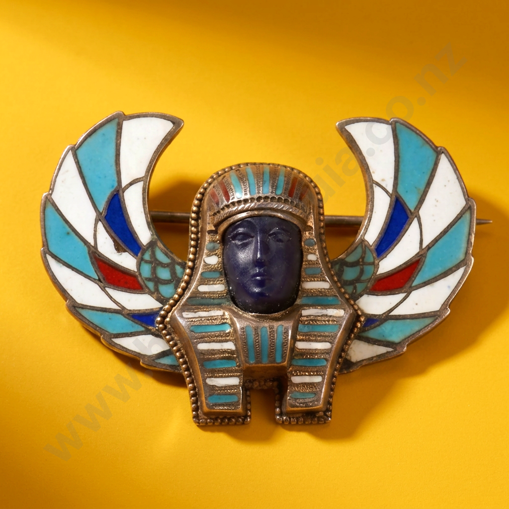 Exceptional .800 Silver & Carved Hardstone Egyptian Revival & Enamel Brooch Image 1++