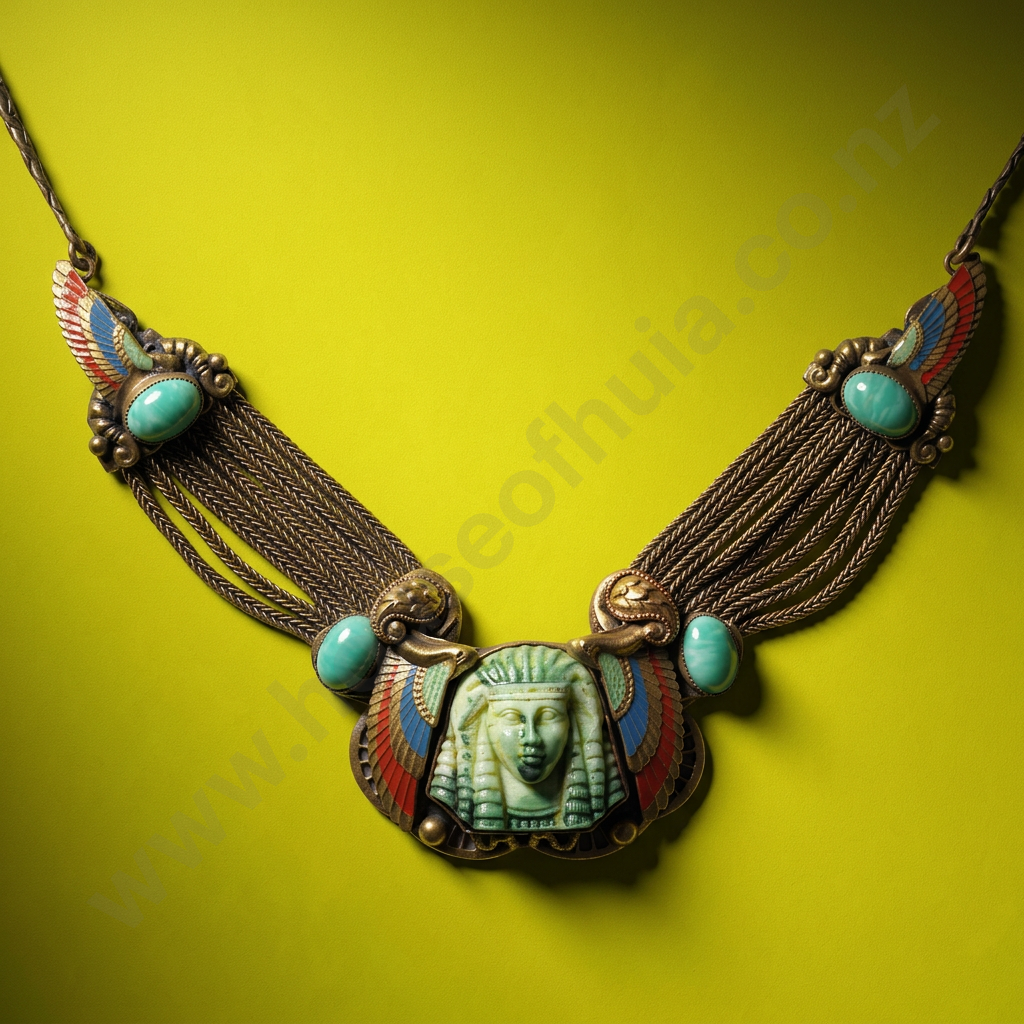 Exceptional Max Neiger Art Deco Egyptian Revival Tutankhamun Jade Glass & Enamel Multi Strand Necklace Image 1++