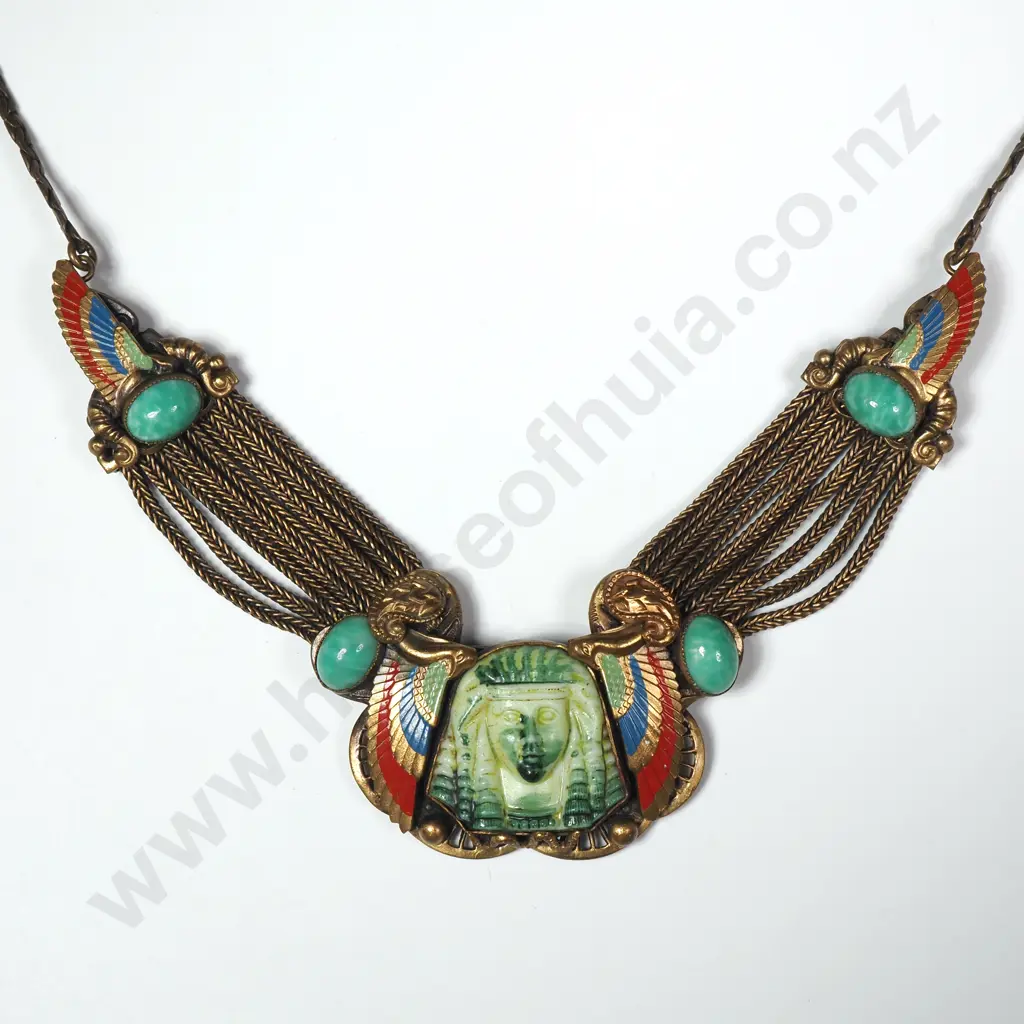 Exceptional Max Neiger Art Deco Egyptian Revival Tutankhamun Jade Glass & Enamel Multi Strand Necklace Image 1++
