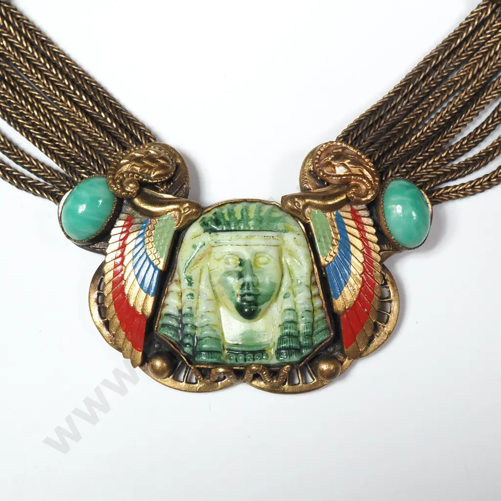 Exceptional Max Neiger Art Deco Egyptian Revival Tutankhamun Jade Glass & Enamel Multi Strand Necklace Image 1++