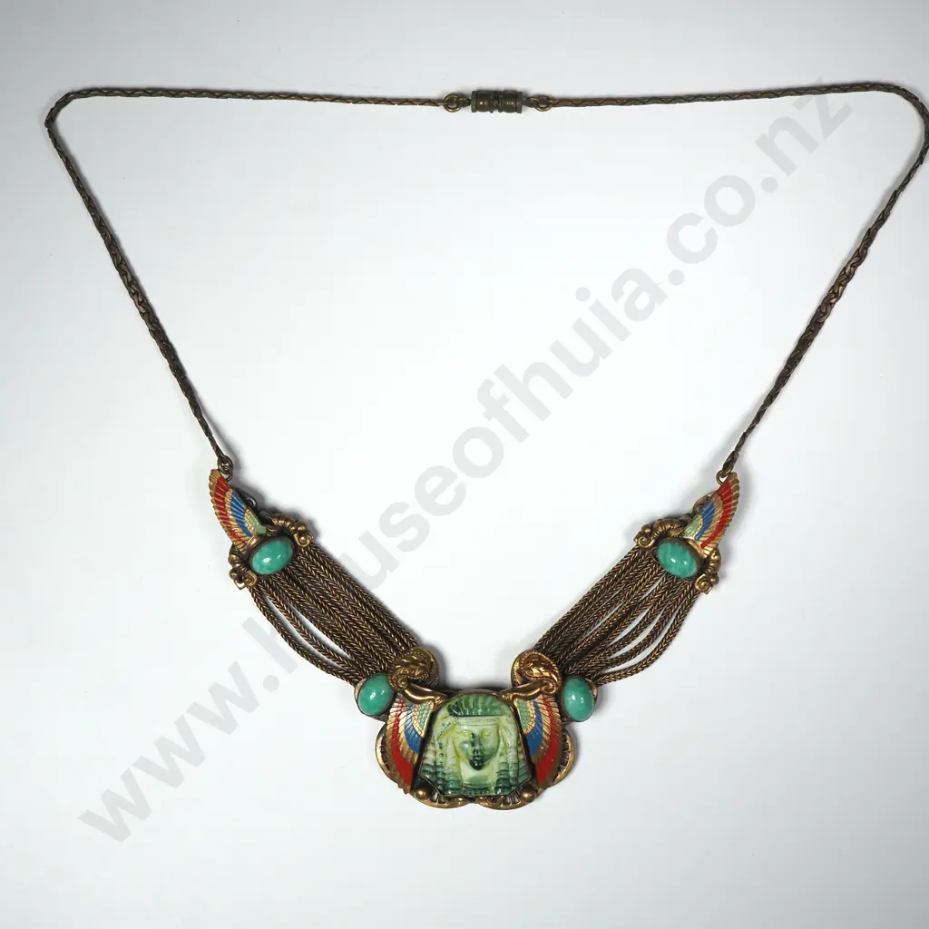 Exceptional Max Neiger Art Deco Egyptian Revival Tutankhamun Jade Glass & Enamel Multi Strand Necklace Image 1++