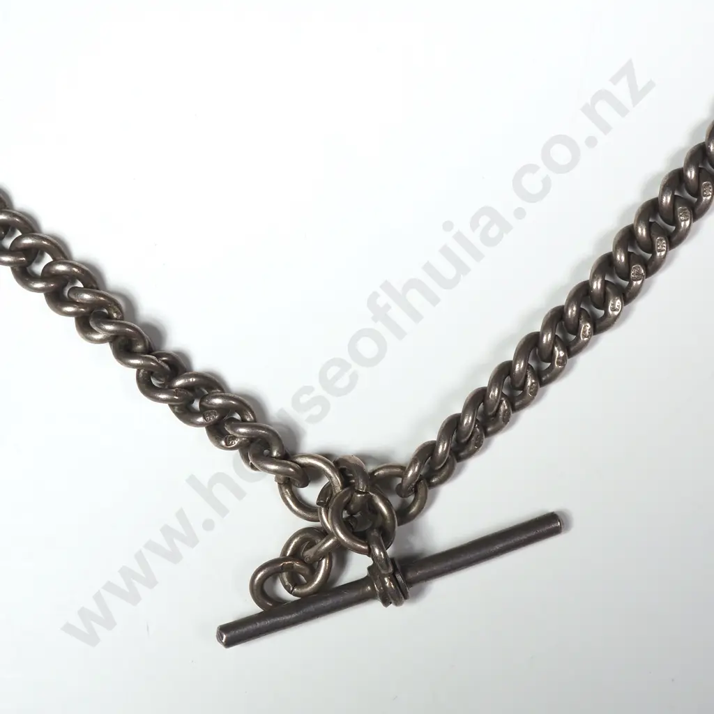 Antique Sterling Silver Curb Link Double Albert Chain, Hallmarked Chester 1911 Image 1++