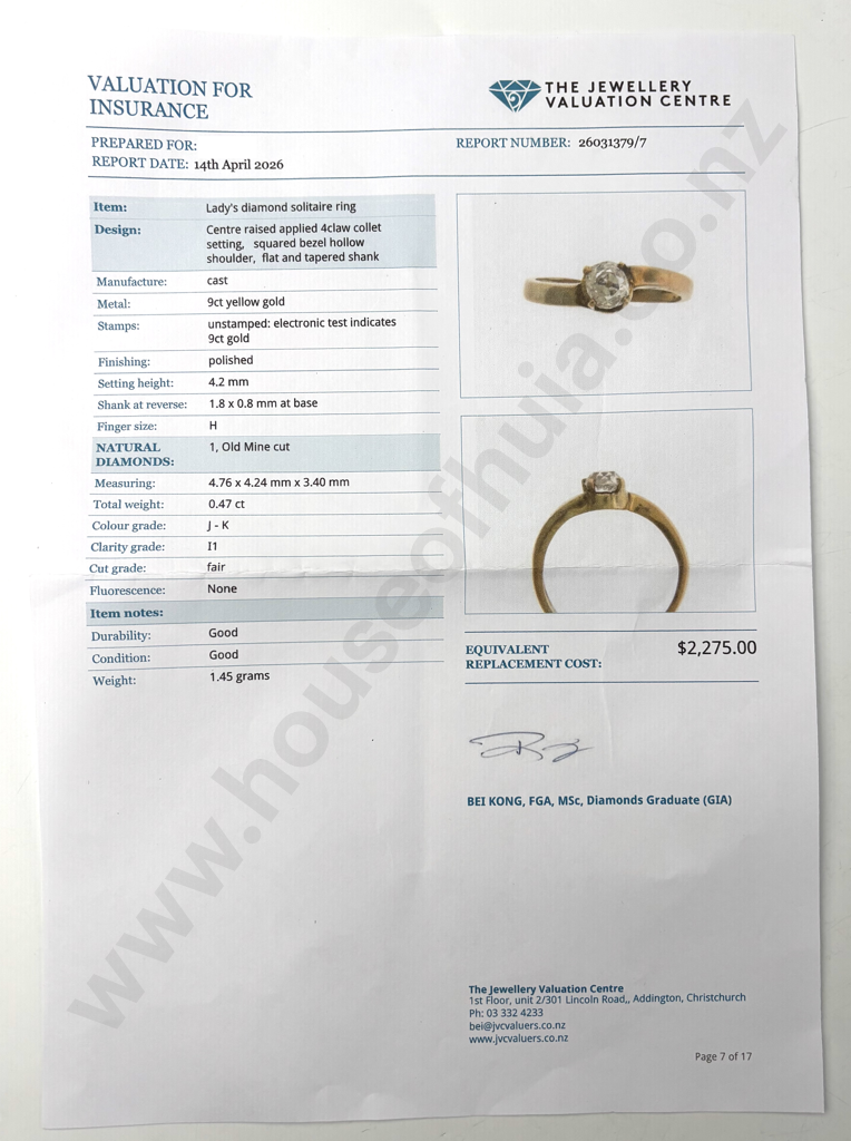 Vintage 9ct Gold & Mine Cut Diamond Ring w Valuation for $2,275.00 Image 1++