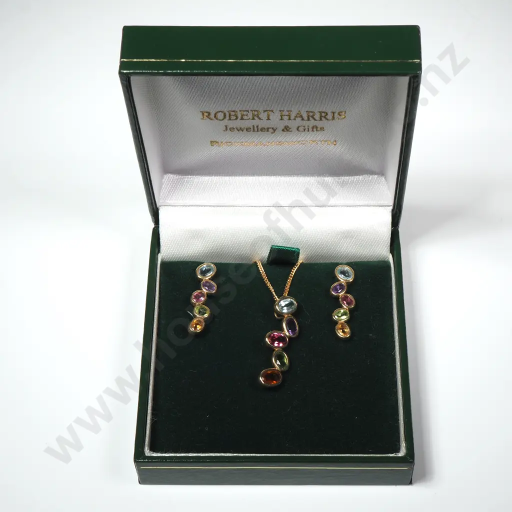 Cased 9ct Gold Multi-Gem Necklace & Earring Set Image 1++