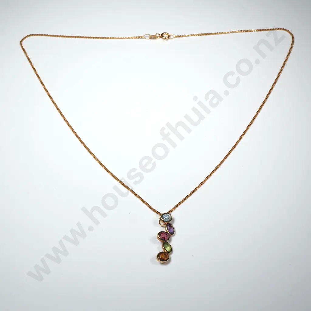 Cased 9ct Gold Multi-Gem Necklace & Earring Set Image 1++