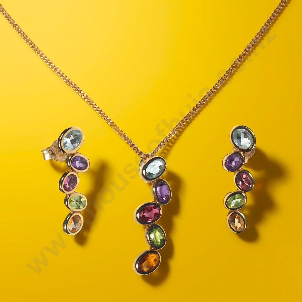 Cased 9ct Gold Multi-Gem Necklace & Earring Set Image 1++