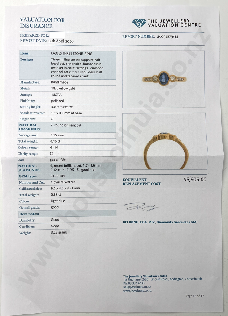 18ct Gold Diamond & Sapphire Ring w Valuation for $5,905.00 Image 1++
