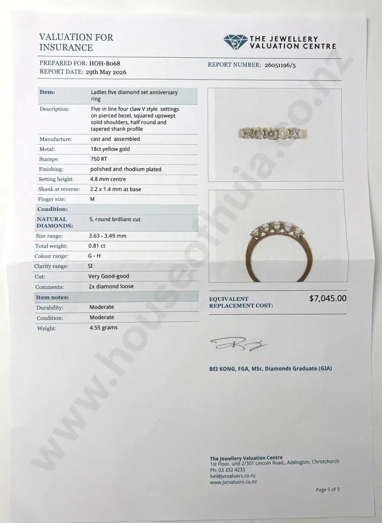 18ct White Gold Five Diamond Ring w Valuation for $7,045.000 Image 1++