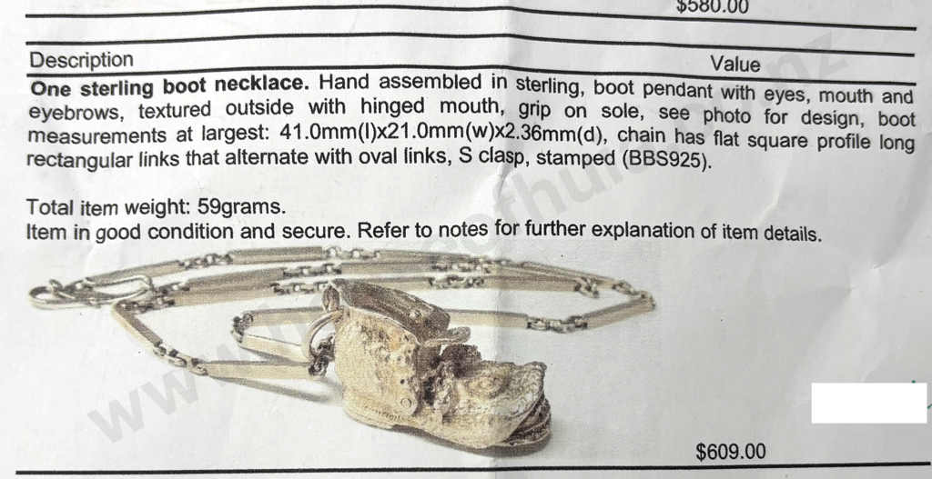 Sterling Silver Clown Boot Necklace & Chain w Valuation for $609.00 Image 1++