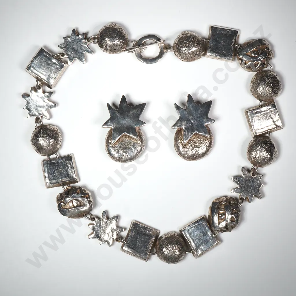 Massive Sterling Silver Modernist Mexican Earring & Necklace Set Image 1++
