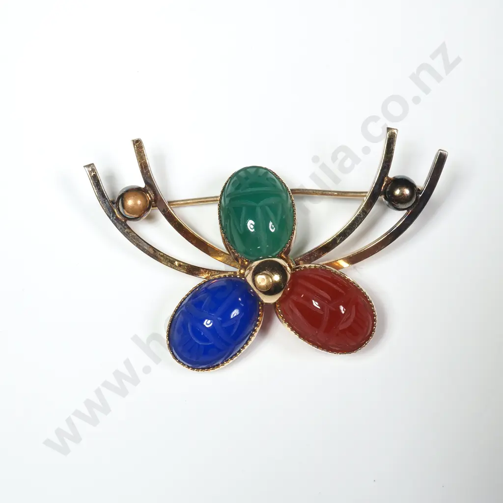 Vintage 12ct Rolled Gold Three Scarab Hardstone Brooch Image 1++