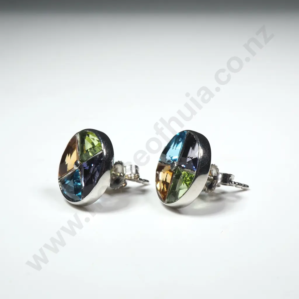 14ct Gold Stud Earrings W/ Amethyst, Perdot, Citrine & Blue Topaz Stones Image 1++