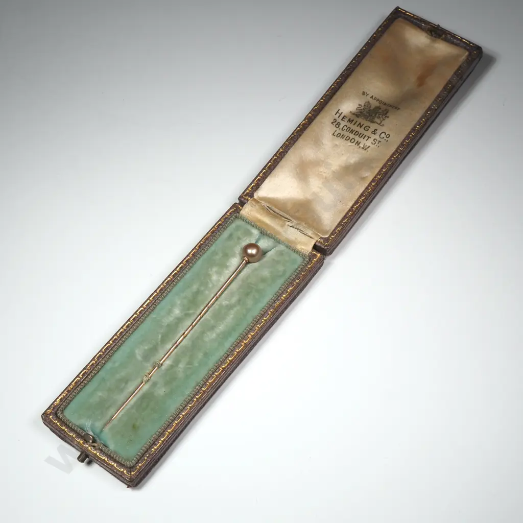 Edwardian 6.2mm Natural Golden Pearl 9ct Gold Stick Pin, cased by Heming & Co Conduit Street Image 1++