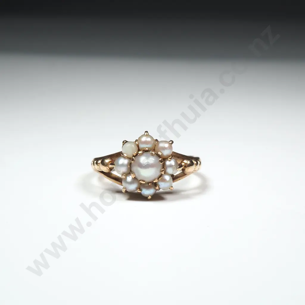Antique 9ct Gold Cluster Pearl Ring in Period Box Image 1++