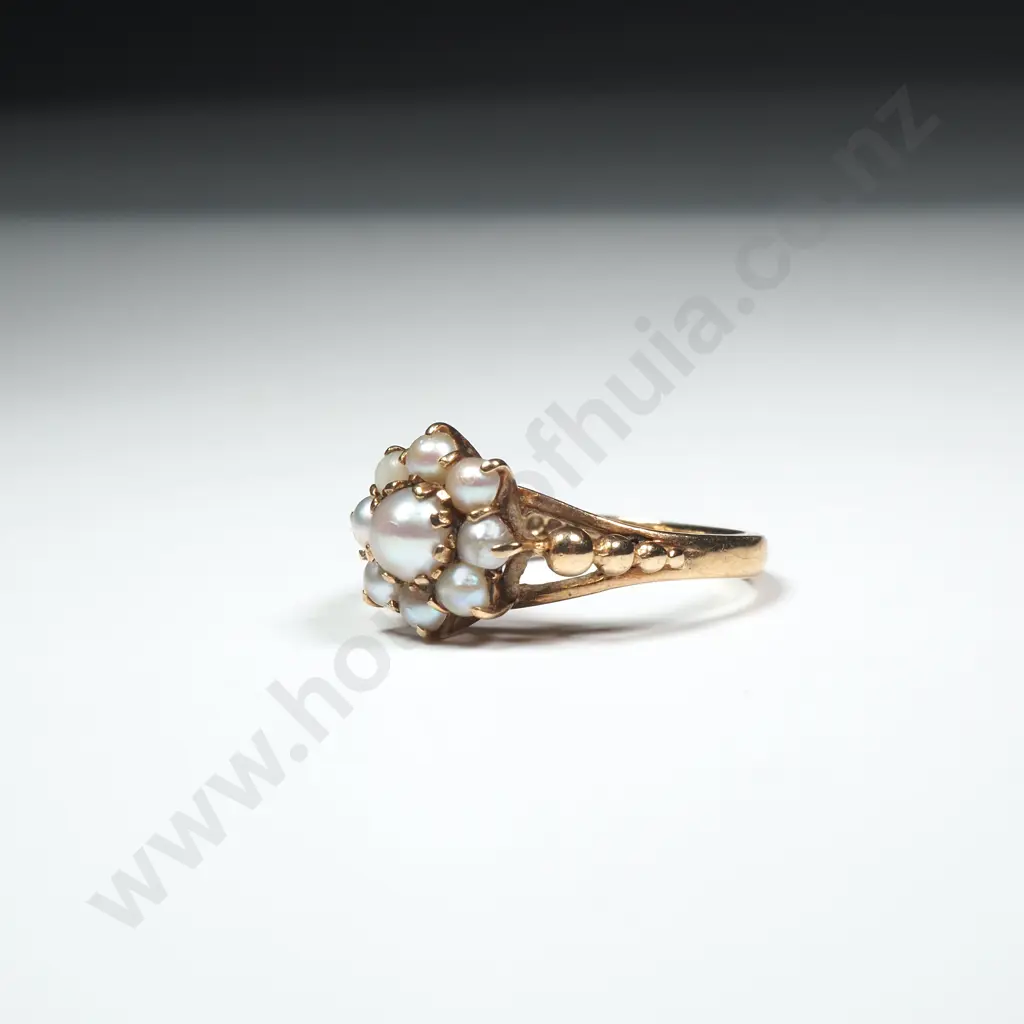 Antique 9ct Gold Cluster Pearl Ring in Period Box Image 1++