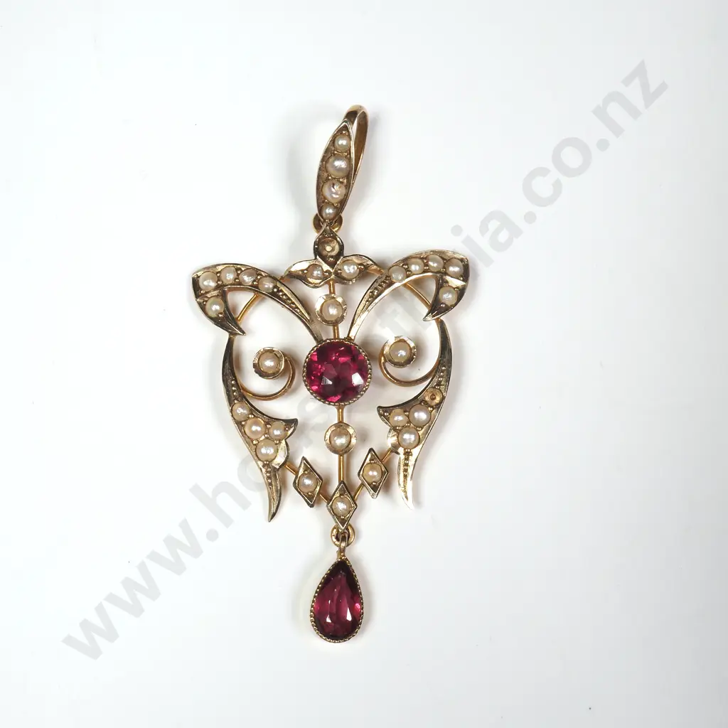 Antique Edwardian 9ct Gold Pendant w Rhodolite Garnets Image 1++