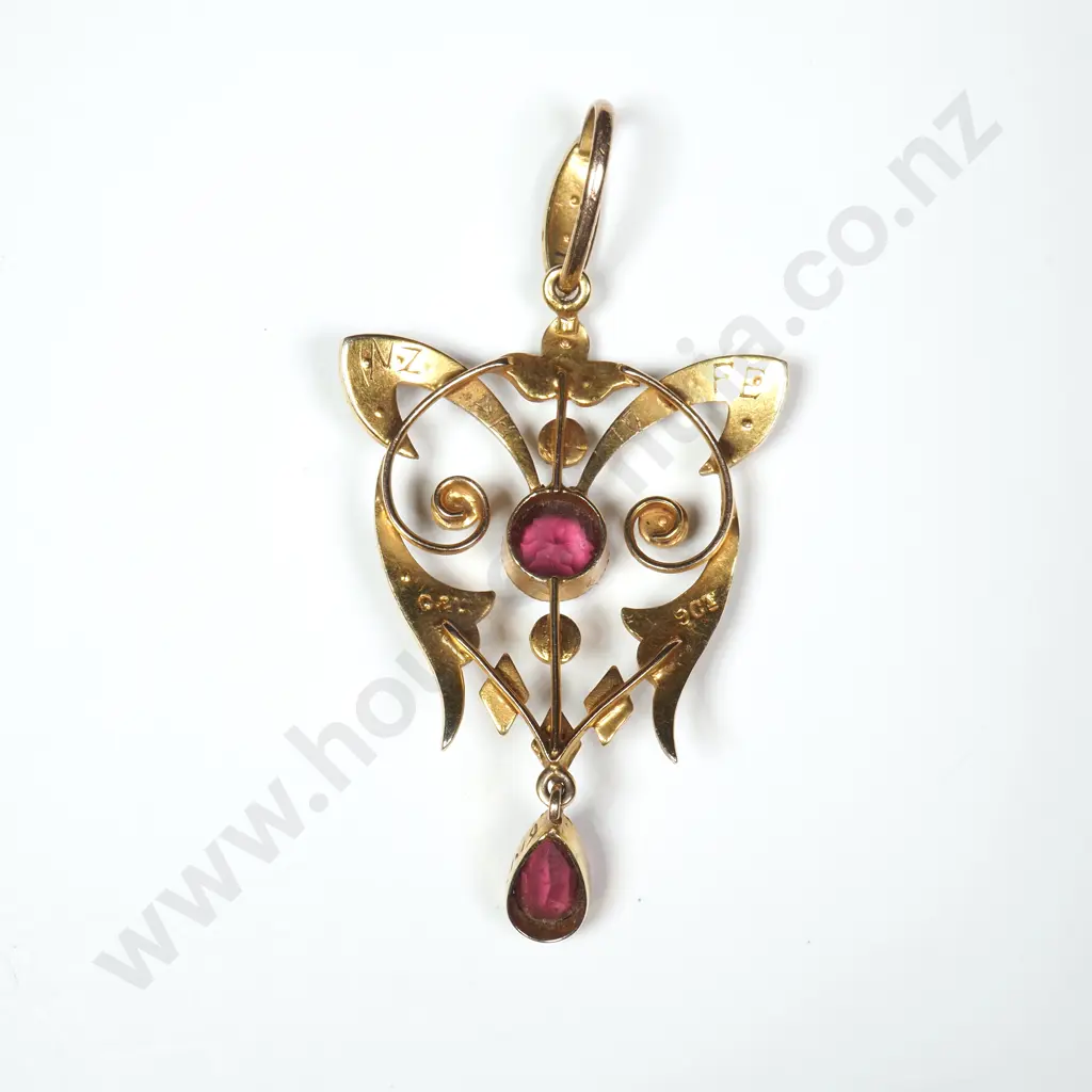 Antique Edwardian 9ct Gold Pendant w Rhodolite Garnets Image 1++