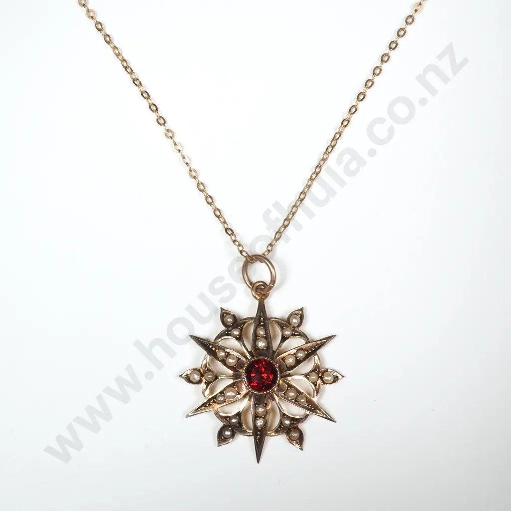 Stunning Edwardian 9ct Gold Seedpearl & Garnet Pendant on 9ct Gold Chain Image 1++