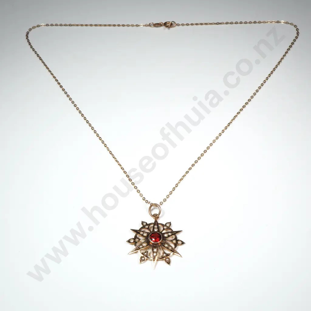 Stunning Edwardian 9ct Gold Seedpearl & Garnet Pendant on 9ct Gold Chain Image 1++